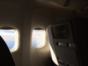 an airplane with windows and a television