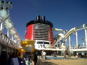 a cruise ship with a slide