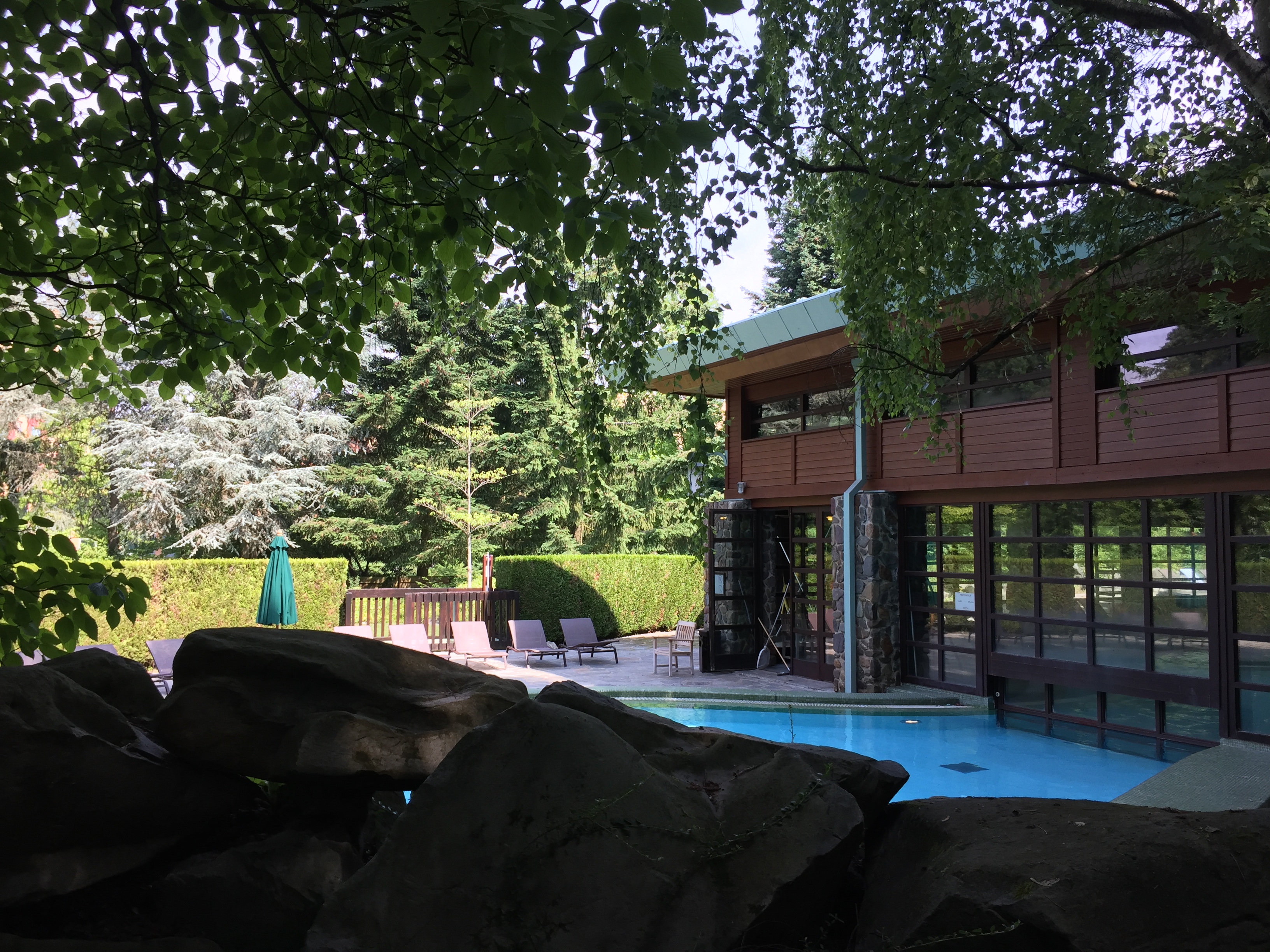 a building with a pool and trees