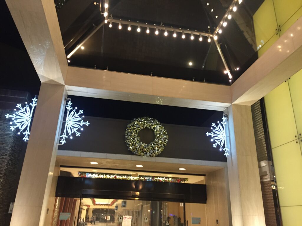 a building with lights on the ceiling